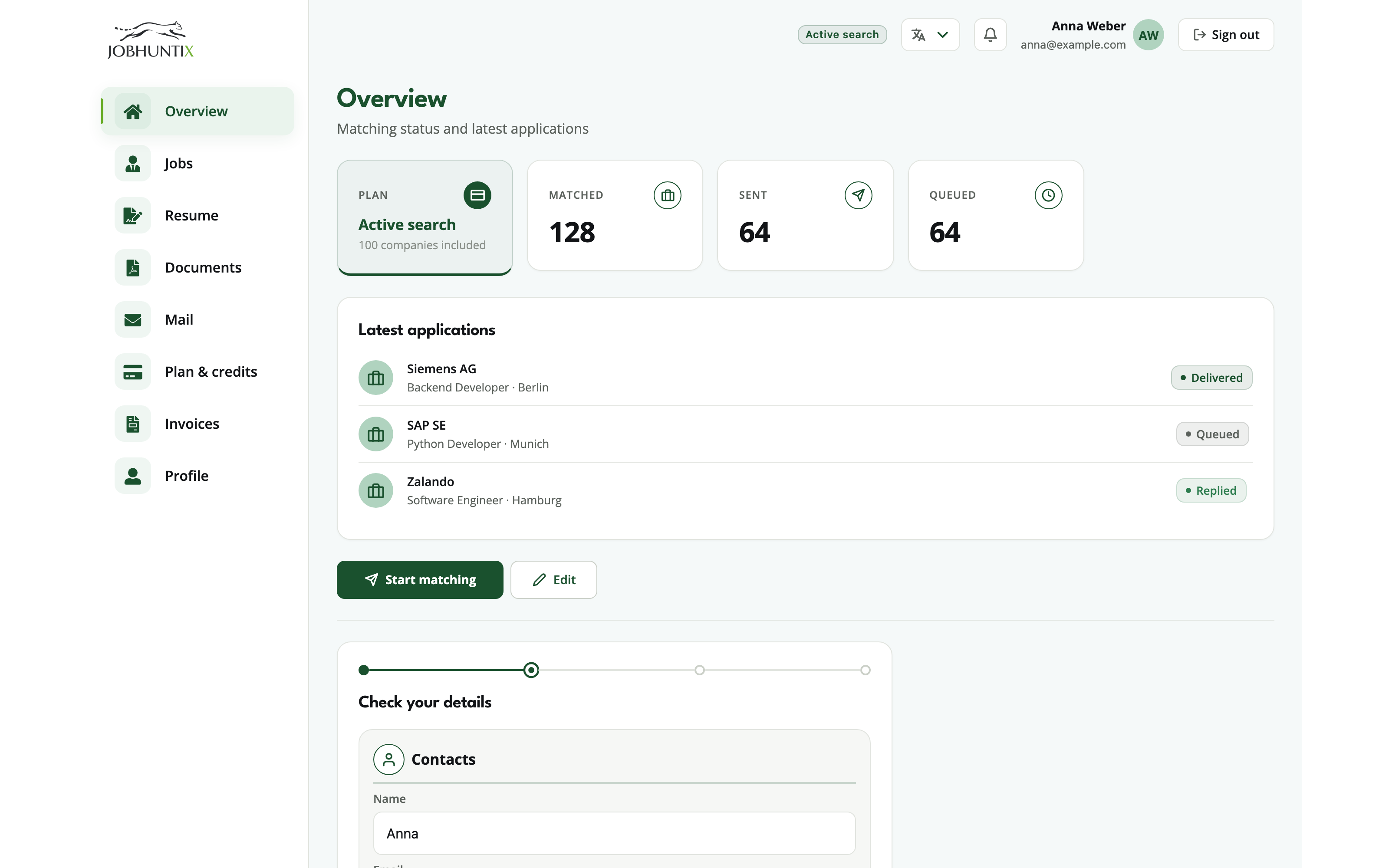 JobHuntix dashboard: application overview with match scores and statuses